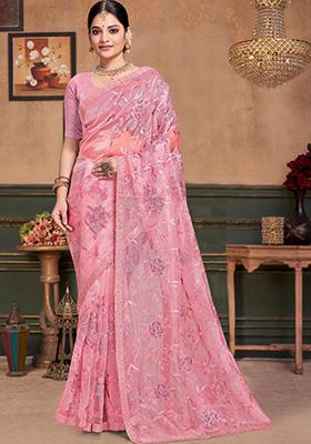 Peach Sequin Work Silk Saree Set