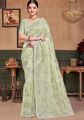 Green Sequin Work Silk Saree Set