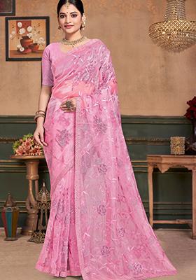 Pink Sequin Work Silk Saree Set