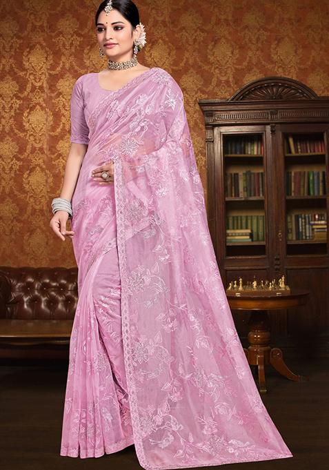 Lavender Sequin Work Silk Saree Set