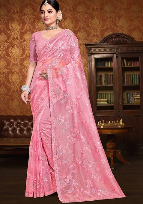 Peach Sequin Work Silk Saree Set