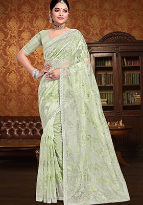 Green Sequin Work Silk Saree Set