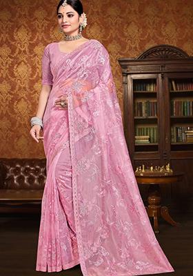 Pink Sequin Work Silk Saree Set