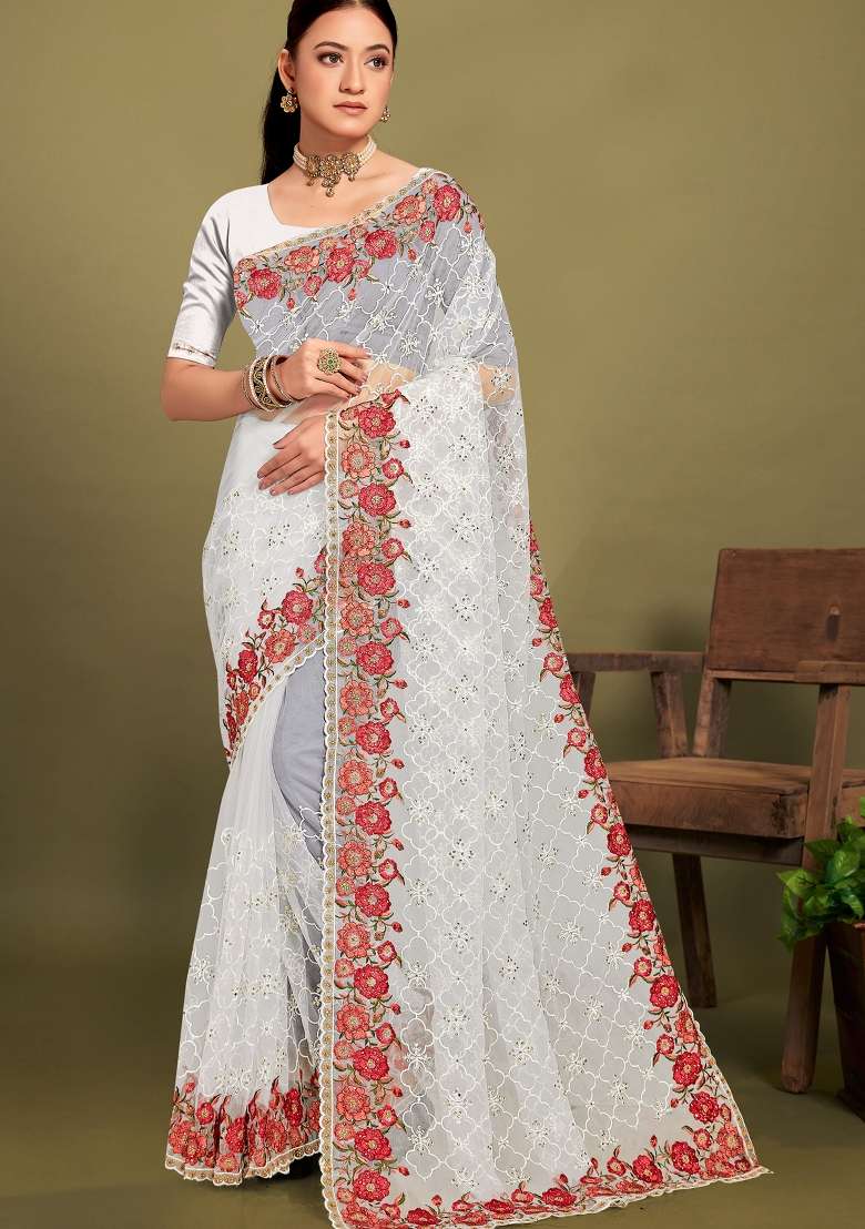 White Sequin Work Net Saree Set for Diwali and Festive Wear - Indya