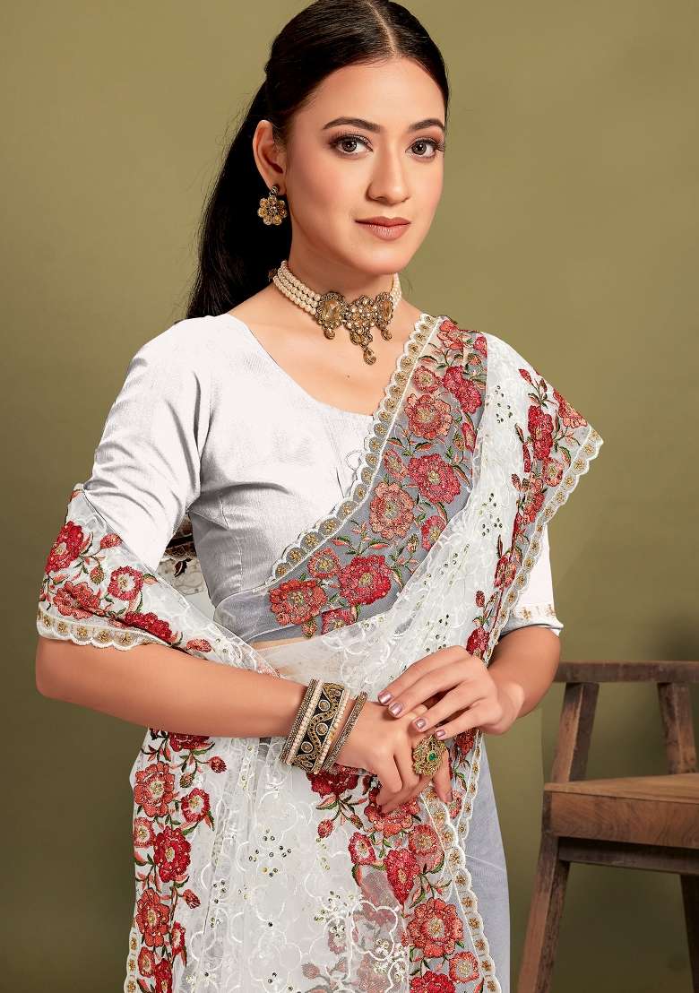 White Sequin Work Net Saree Set for Diwali and Festive Wear - Indya