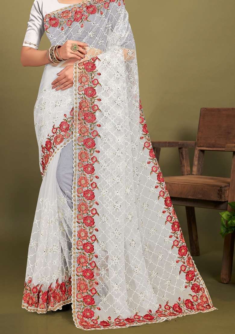 White Sequin Work Net Saree Set for Diwali and Festive Wear - Indya
