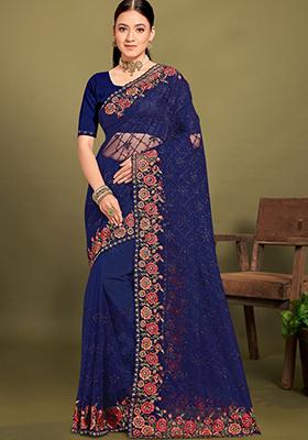 Navy Blue Sequin Work Net Saree Set