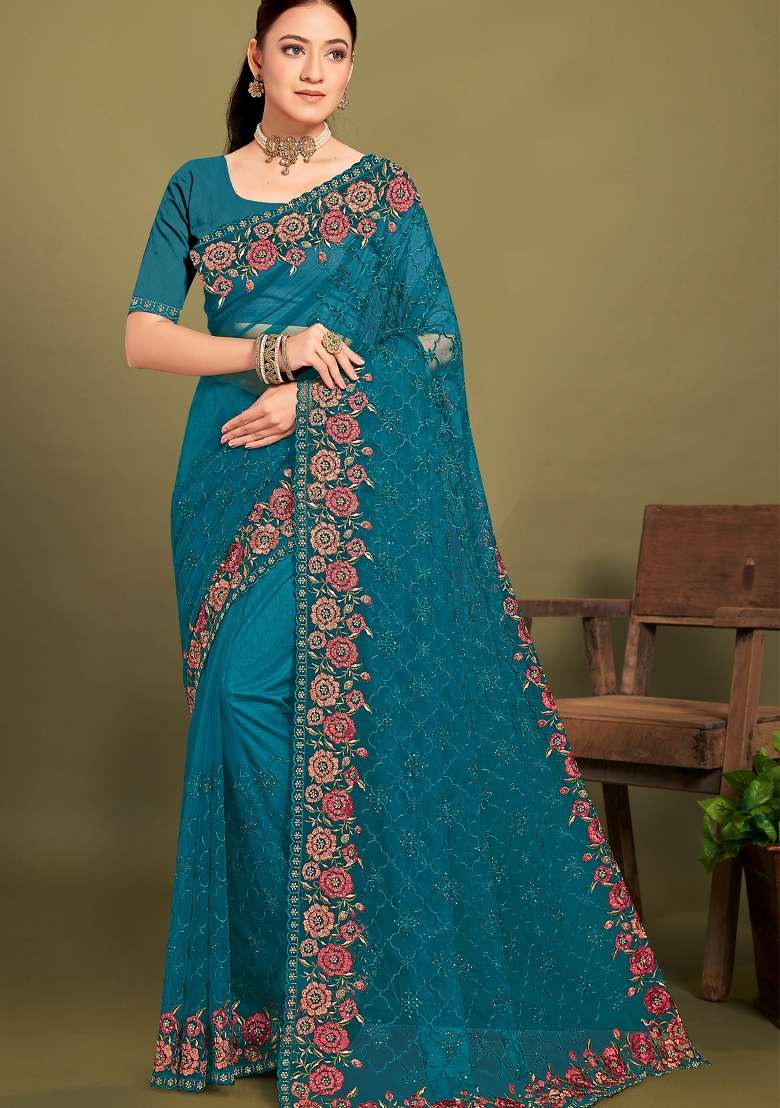 Teal Blue Work Net Saree Set with Sequin for Diwali | Wedding & Festive Wear - Indya