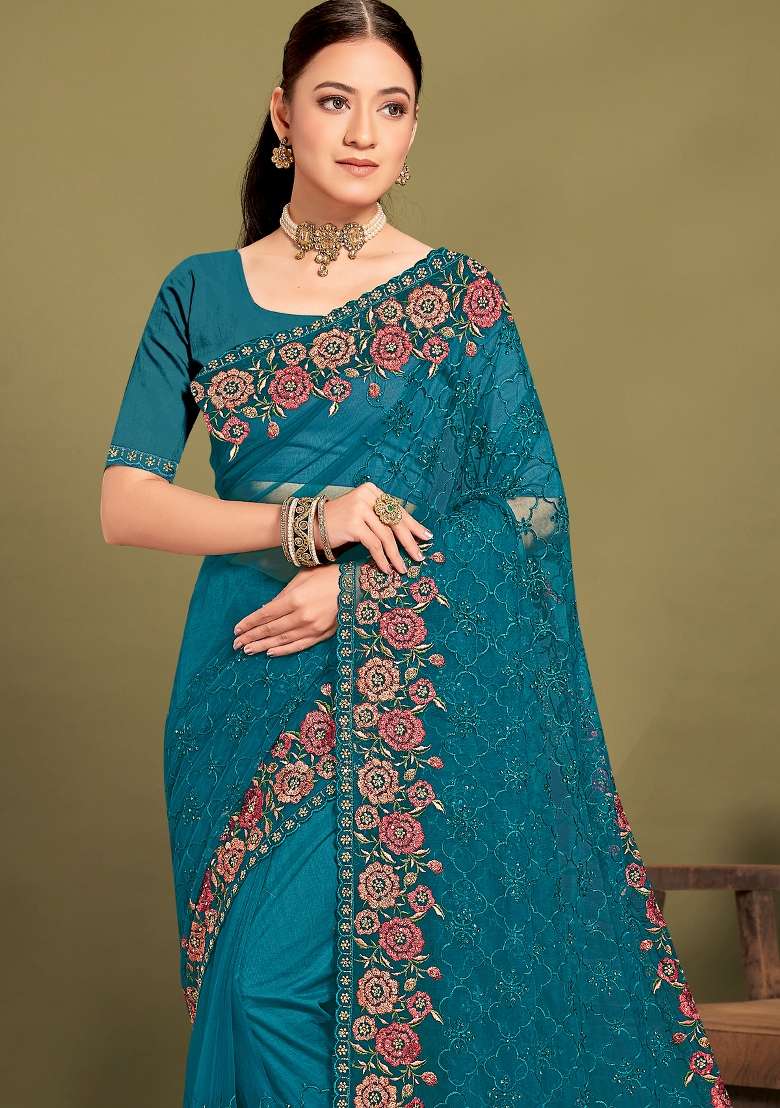 Teal Blue Work Net Saree Set with Sequin for Diwali | Wedding & Festive Wear - Indya