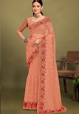 Peach Sequin Work Net Saree Set