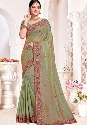 Green Sequin Work Silk Saree Set