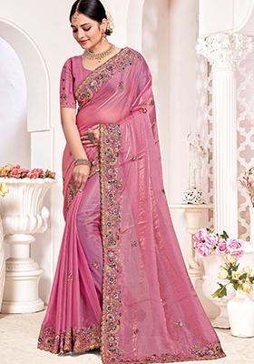 Pink Sequin Work Silk Saree Set