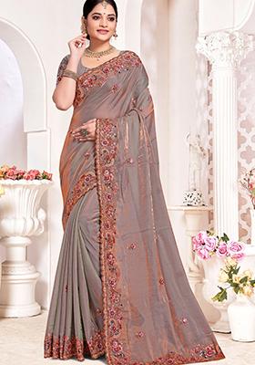Grey Sequin Work Silk Saree Set