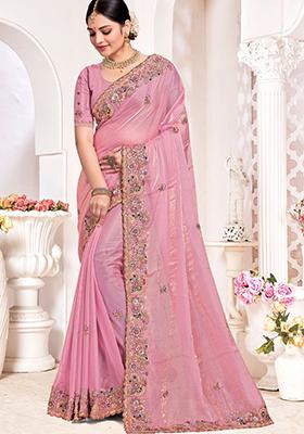 Pink Sequin Work Silk Saree Set
