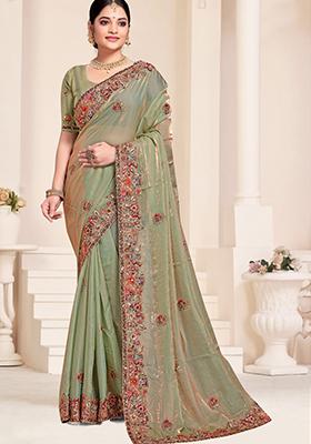Green Sequin Work Silk Saree Set
