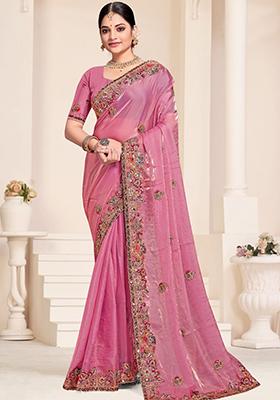 Pink Sequin Work Silk Saree Set