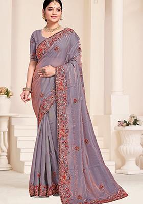 Purple Sequin Work Silk Saree Set