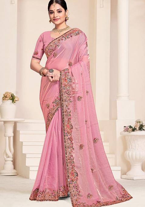 Pink Sequin Work Silk Saree Set