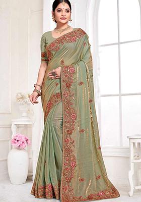 Green Sequin Work Silk Saree Set
