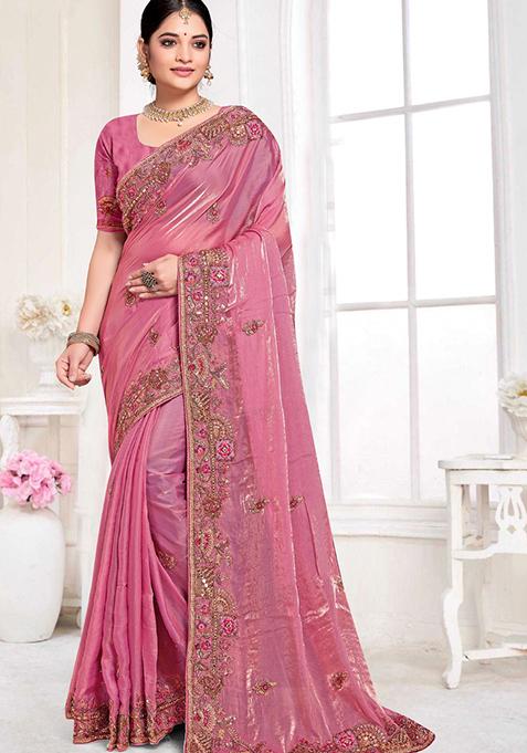 Pink Sequin Work Silk Saree Set