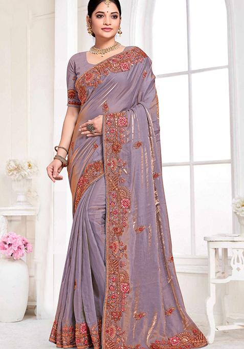 Purple Sequin Work Silk Saree Set