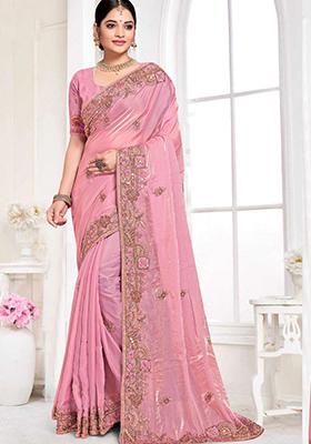 Pink Sequin Work Silk Saree Set