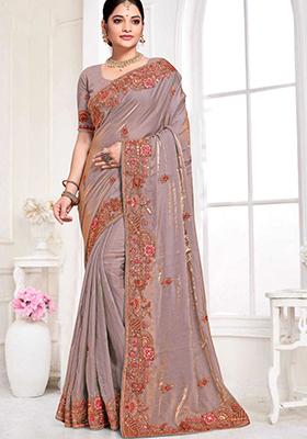 Grey Sequin Work Silk Saree Set