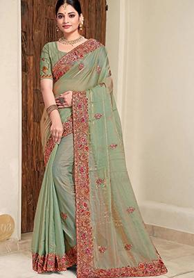 Green Sequin Work Silk Saree Set