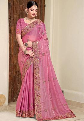 Pink Sequin Work Silk Saree Set