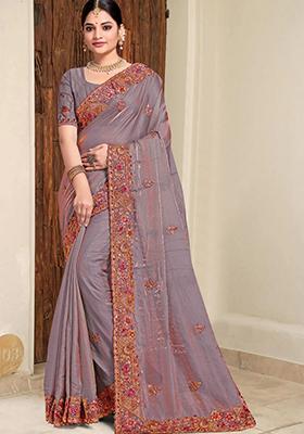Grey Sequin Work Silk Saree Set