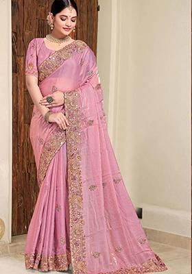 Pink Sequin Work Silk Saree Set