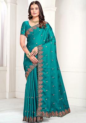Turquoise Embroidered Satin Saree Set