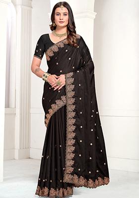 Black Embroidered Satin Saree Set