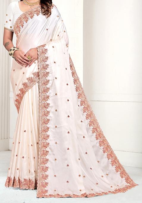 Off white printed and embroidered  pre stitched saree set