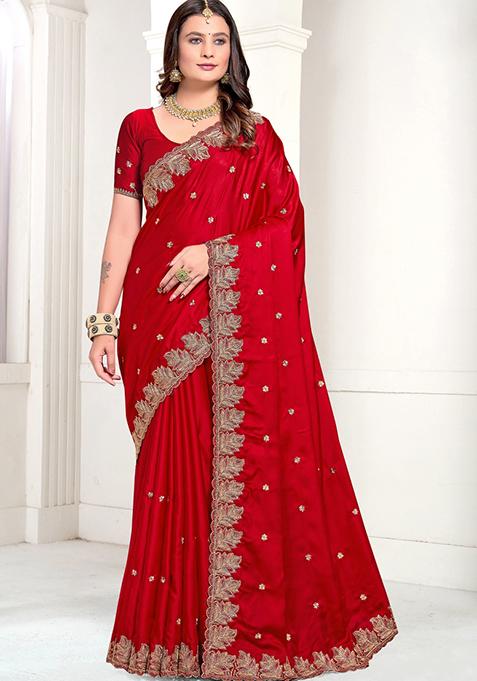 Red Embroidered Satin Saree Set