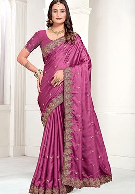Magenta Embroidered Satin Saree Set