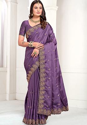 Lavender Embroidered Satin Saree Set