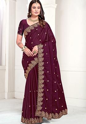 Wine Embroidered Satin Saree Set