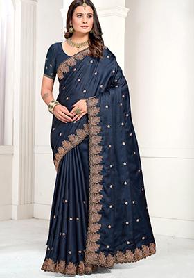 Blue Embroidered Satin Saree Set