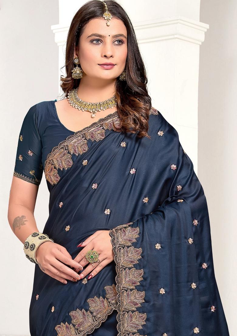 Blue Embroidered Satin Saree Set - Indya