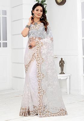 White Embroidered Net Saree Set