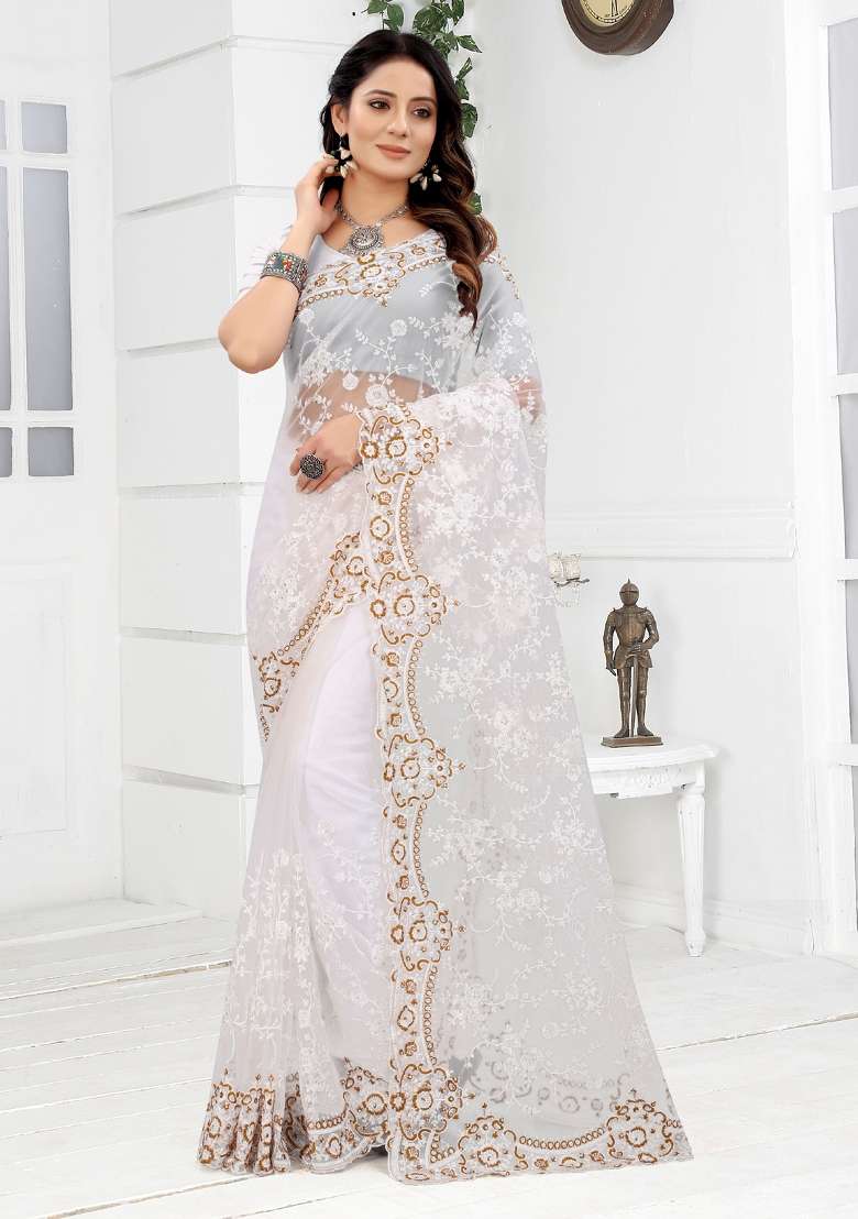 White Net Saree Set with Embroidered for Diwali | Wedding & Festive Wear - Indya