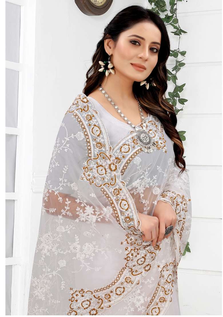 White Net Saree Set with Embroidered for Diwali | Wedding & Festive Wear - Indya