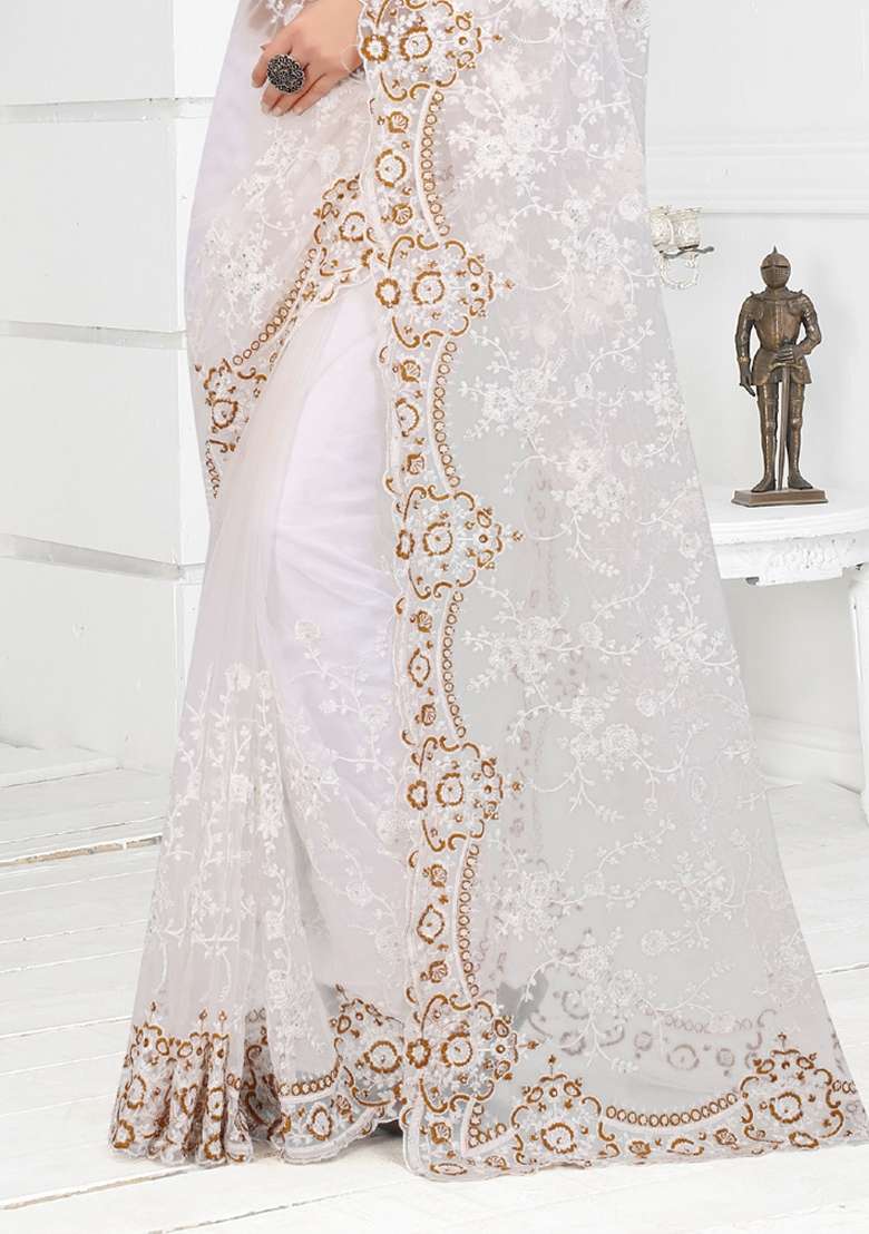 White Net Saree Set with Embroidered for Diwali | Wedding & Festive Wear - Indya