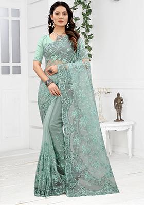 Sea Green Embroidered Net Saree Set