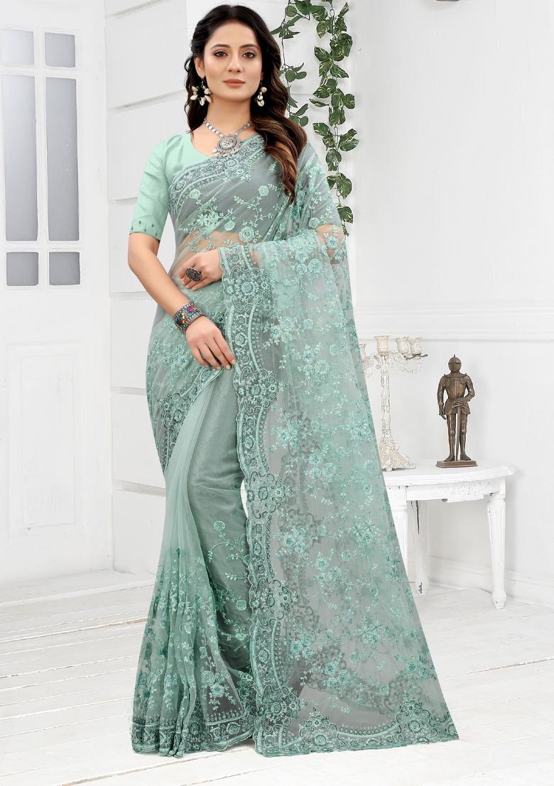 Sea Green Embroidered Net Saree Set - Indya