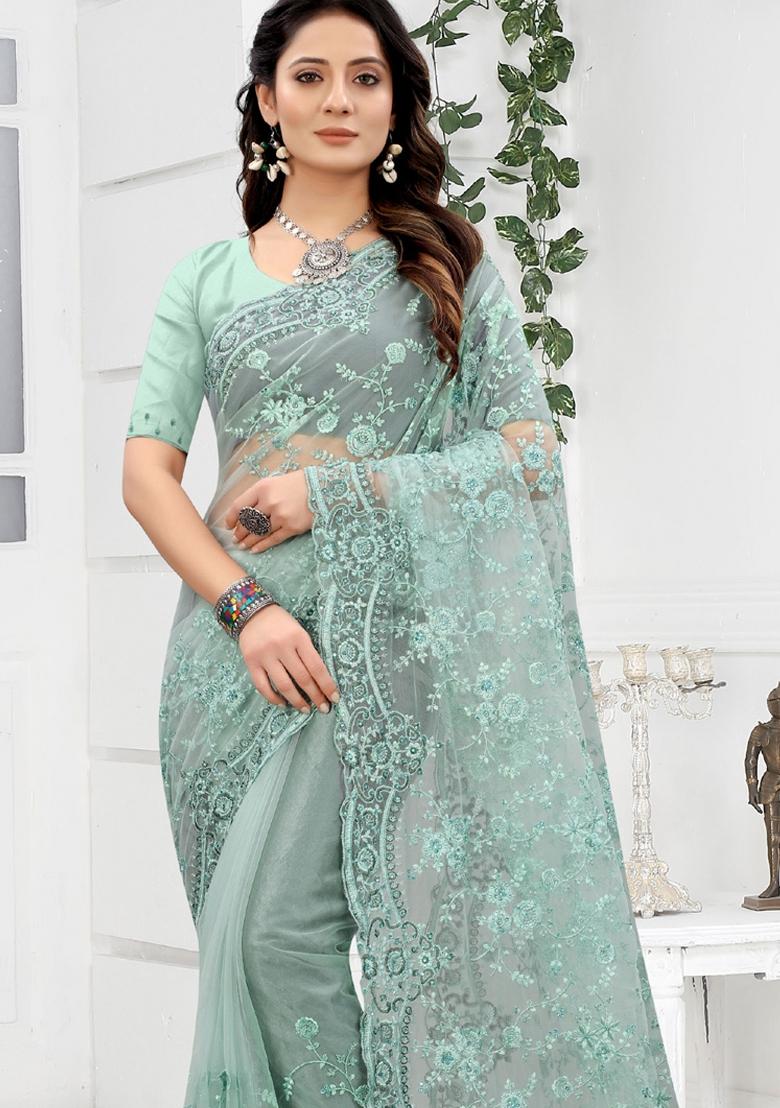 Sea Green Embroidered Net Saree Set - Indya