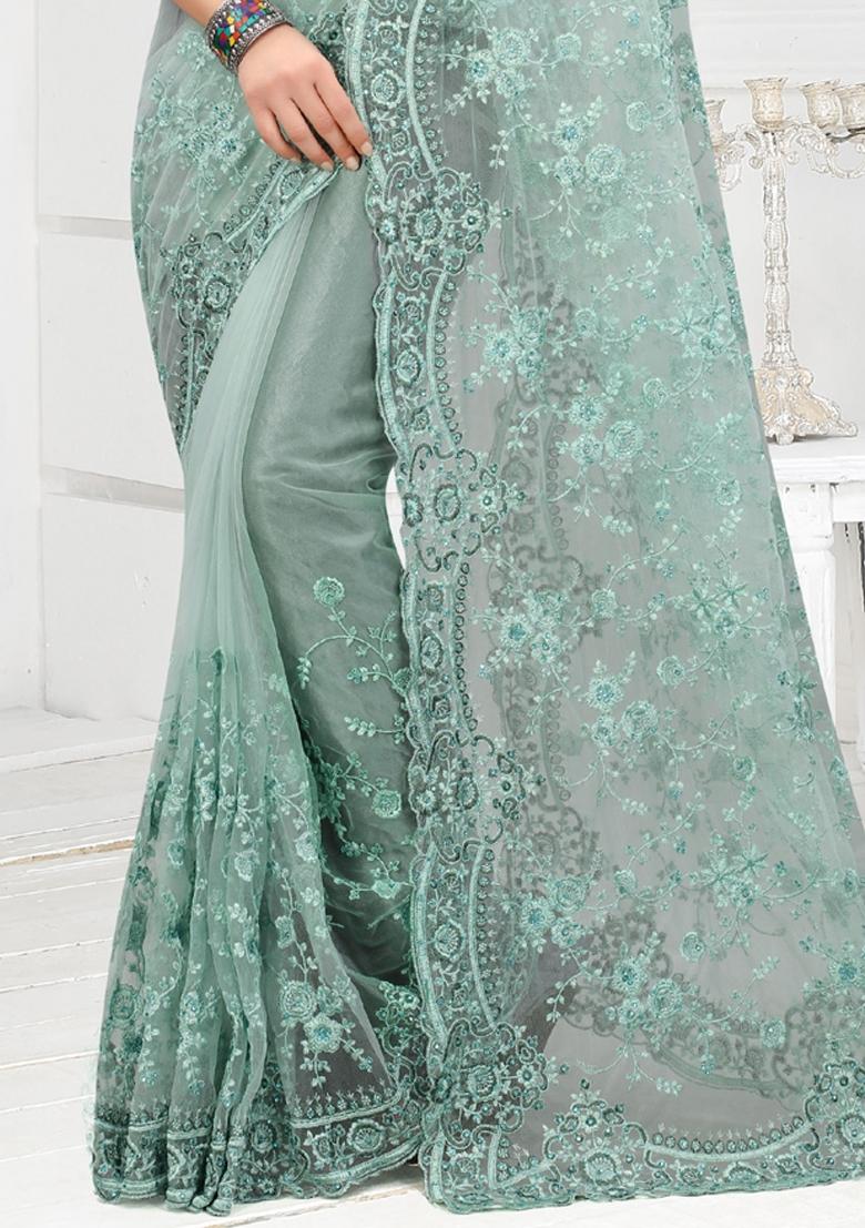Sea Green Embroidered Net Saree Set - Indya