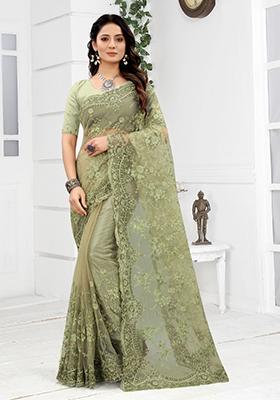 Green Embroidered Net Saree Set