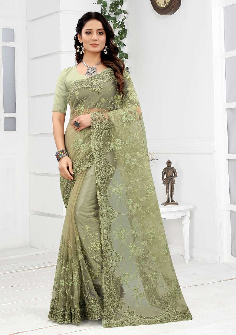 Green Net Saree Set with Embroidered for Diwali | Wedding & Festive Wear - Indya